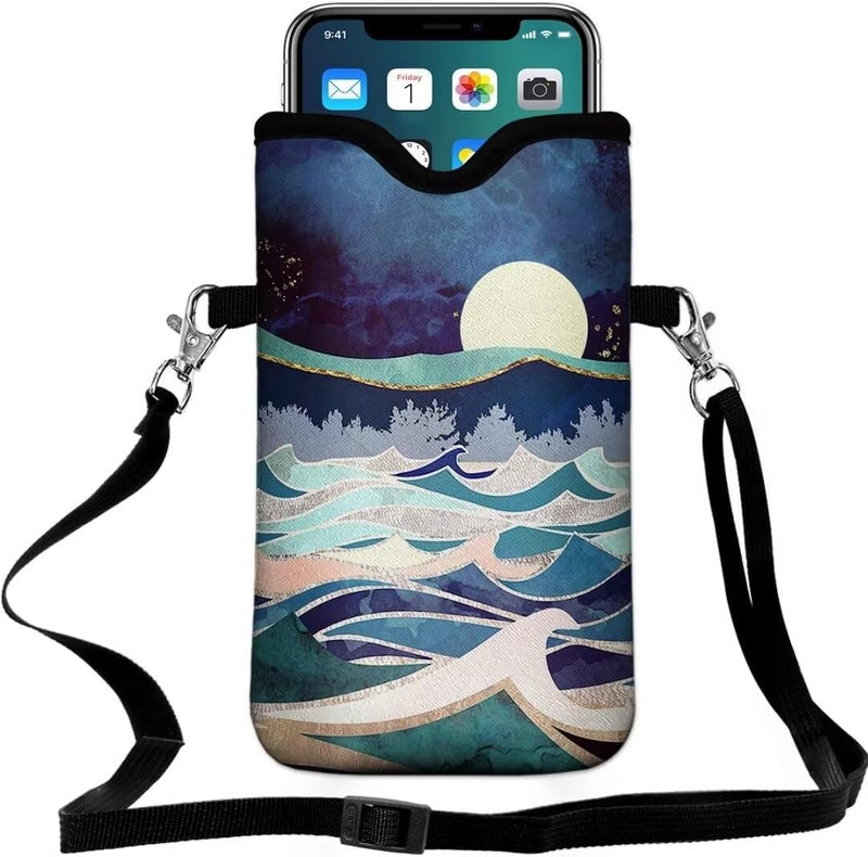 FREZORA Cell Phone Sleeves Bag Case Crossbody Neoprene Holder Lanyard Phone Pouch for Women Men 7.5 X 4.5 Inches - Wave Moon - Image 1